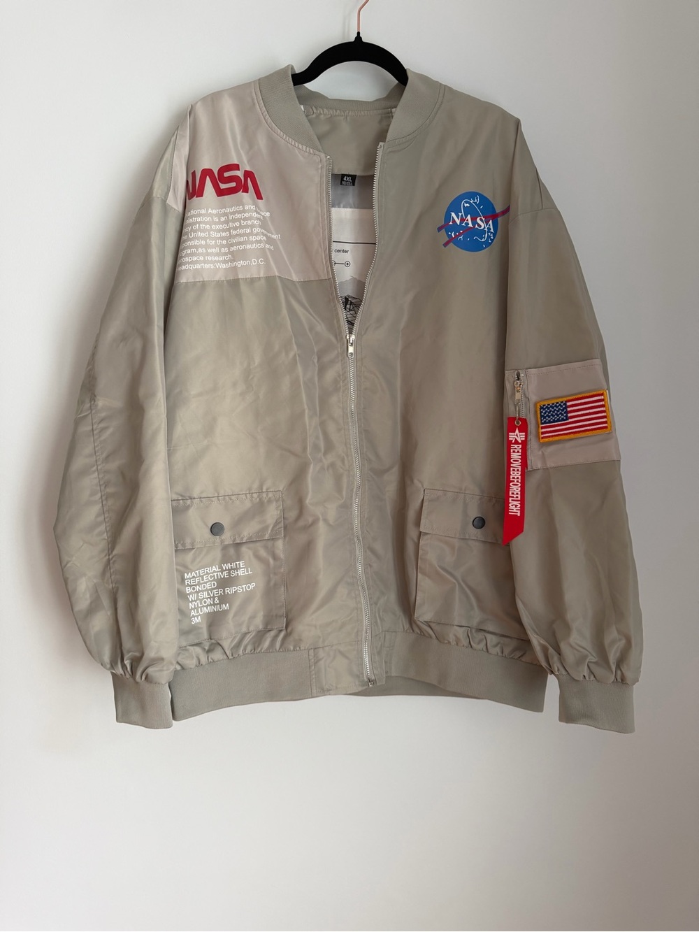 NASA Bomber Jacket Gray 4XL Nylon Ripstop Full-Zip Reflective Patch Lightweight